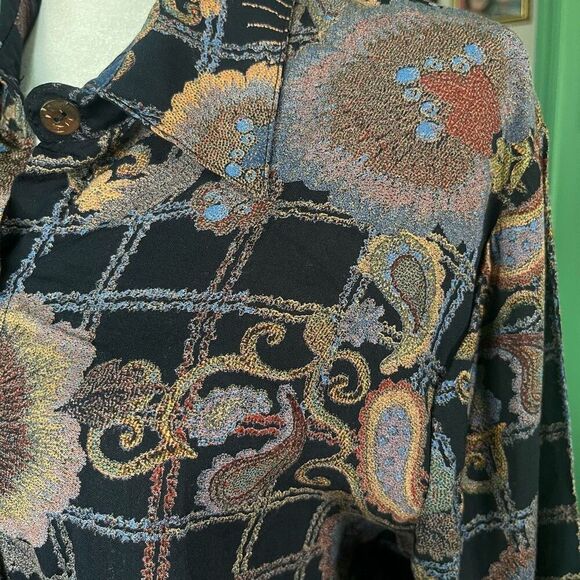 Scared Threads Boho Long Sleeve Black/Blue Floral Button Down Shirt dress M New - Picture 7 of 9